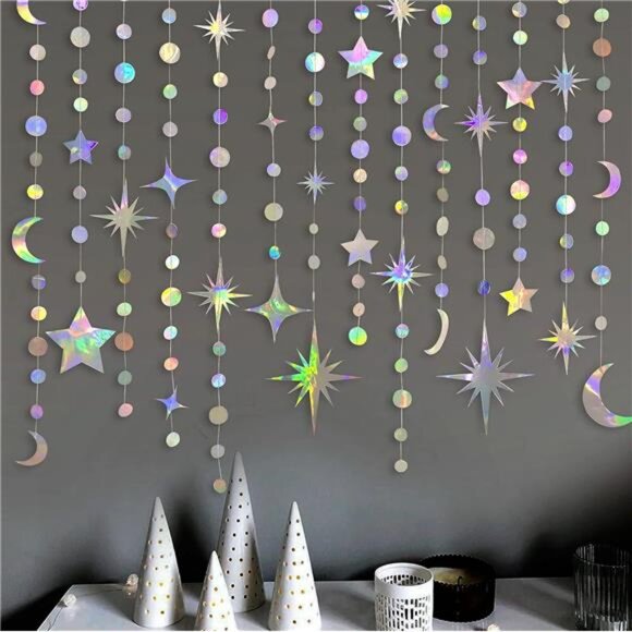 Iridescent Star Moon Garland Hanging Decorations Baby Shower Wedding Party - Picture 4 of 5